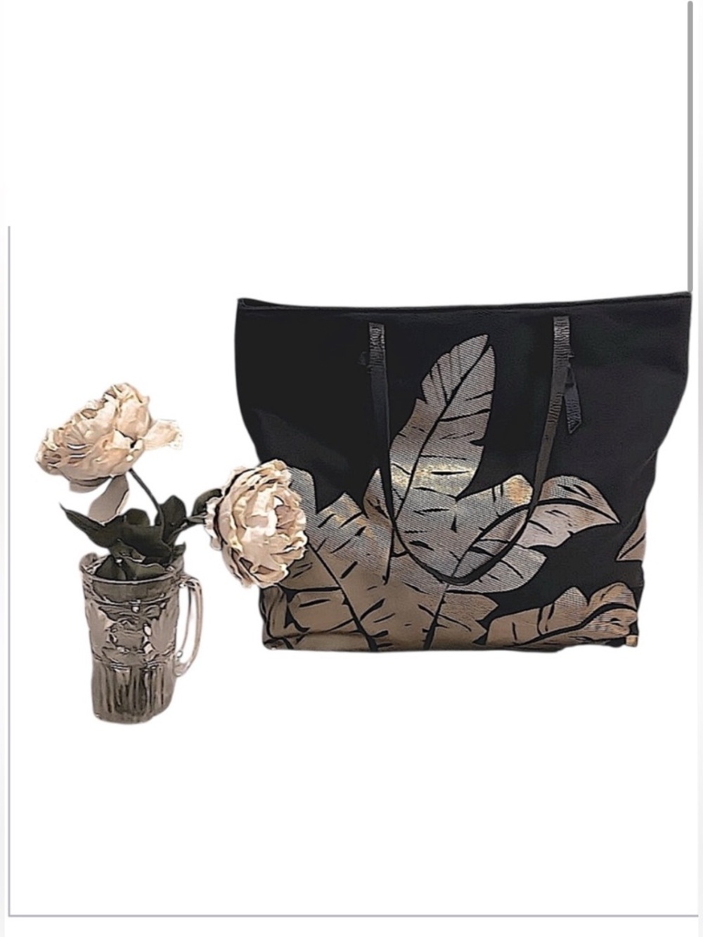 Foley + Corinna Black Canvas Muted Gold Metallic Palm Leaves Tote Bag